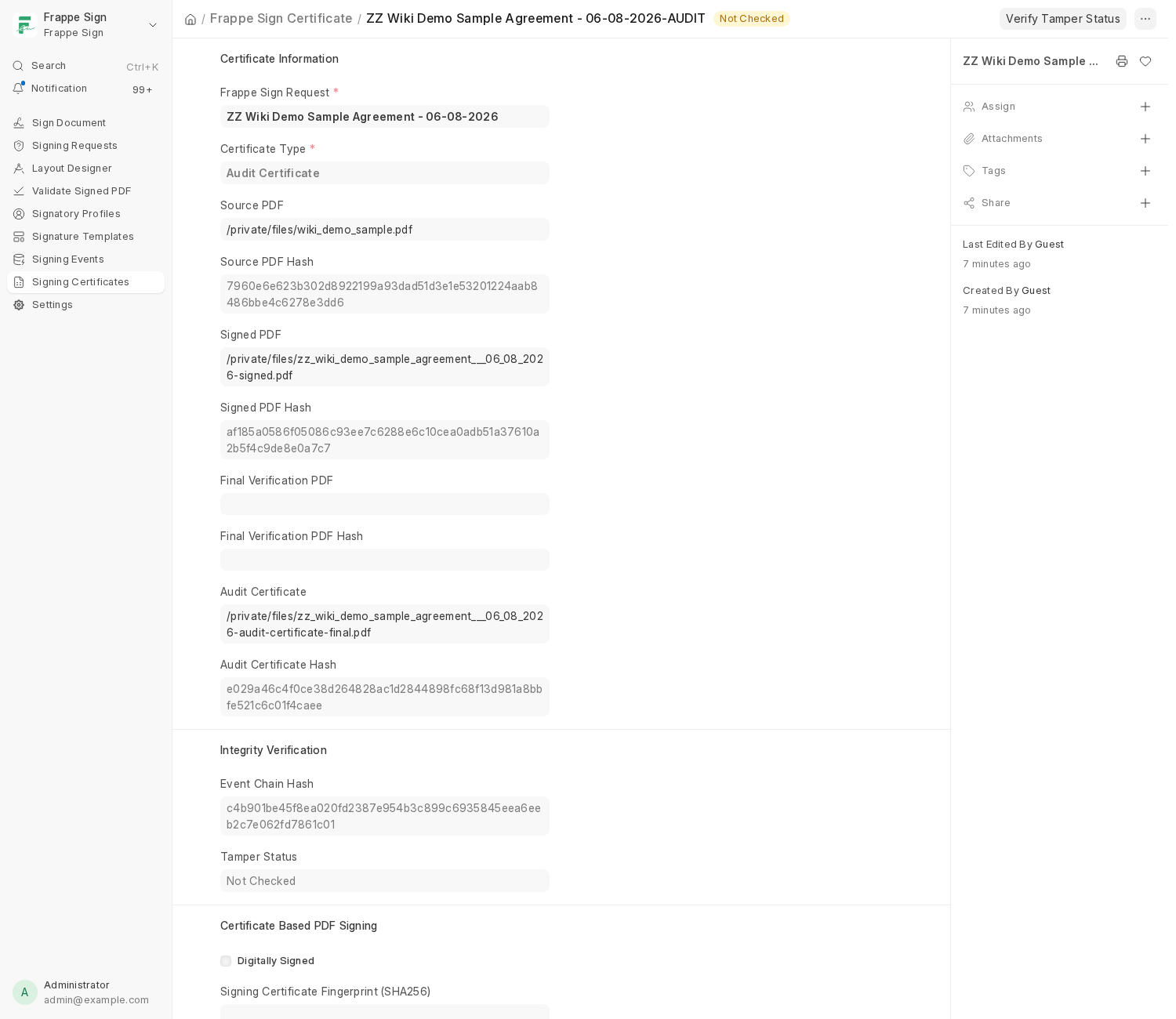 A Frappe Sign Certificate evidence record: source/signed PDF hashes, audit certificate, event chain hash, tamper status