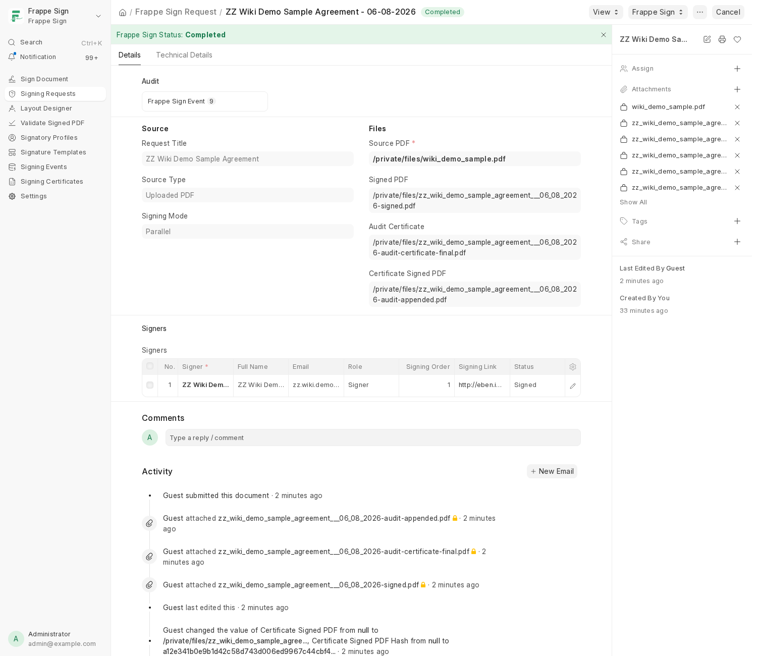 A Completed, submitted request: Signed PDF, Audit Certificate, and Certificate Signed PDF all populated, signer status 