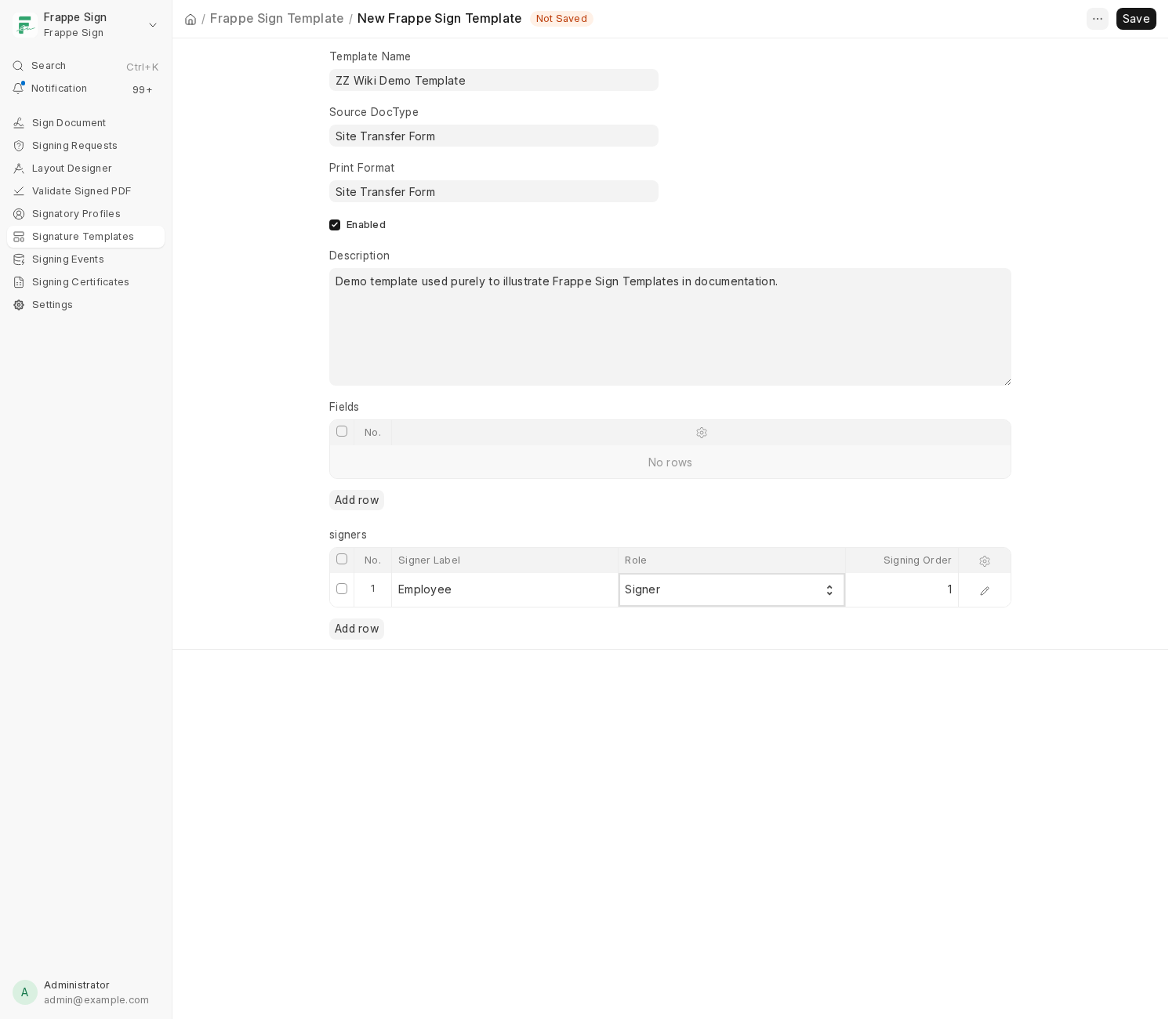 Creating a new template: Source DocType, Print Format, description, and a placeholder Signer Label (