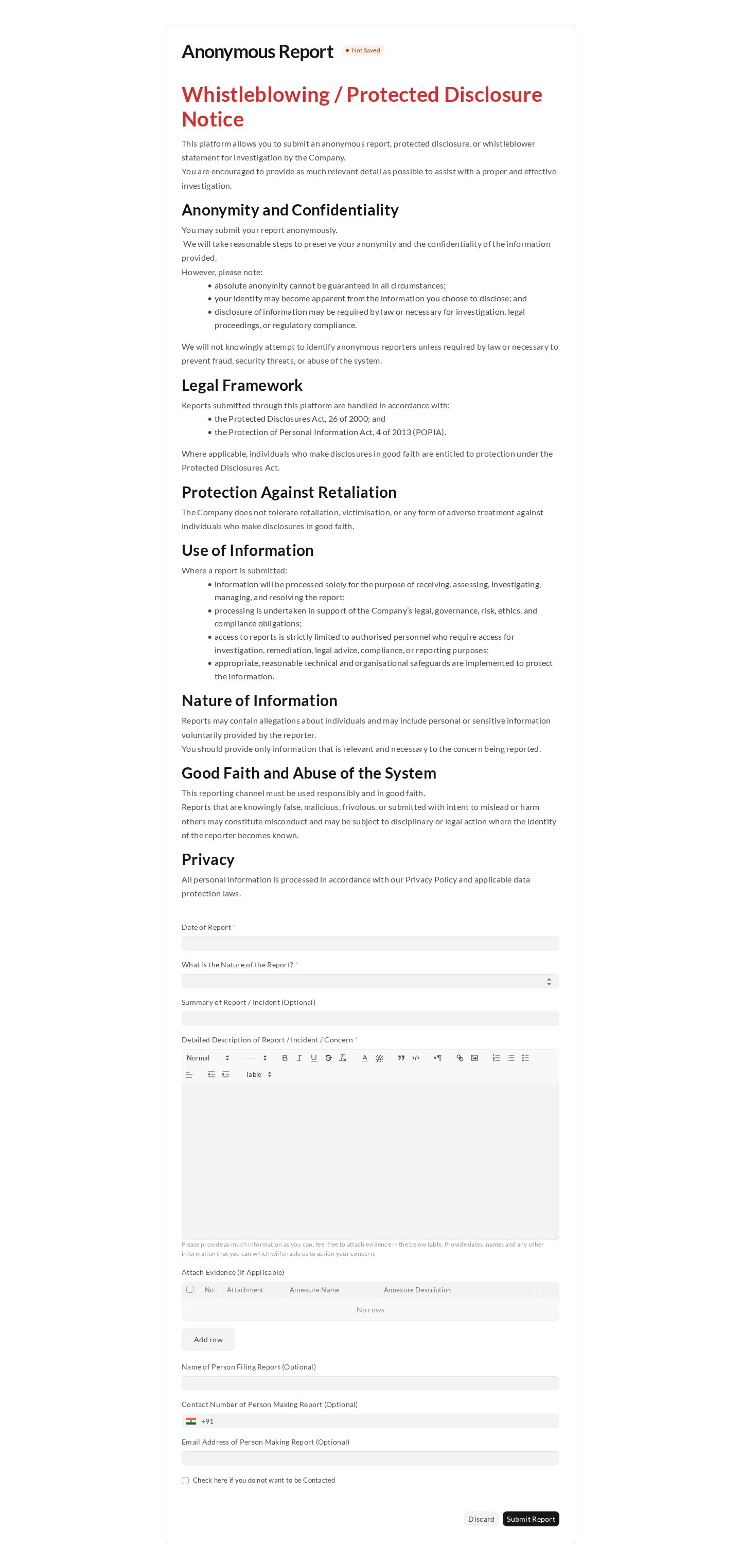 The public whistleblower intake form: legal notice covering anonymity, the Protected Disclosures Act and POPIA, then the report fields